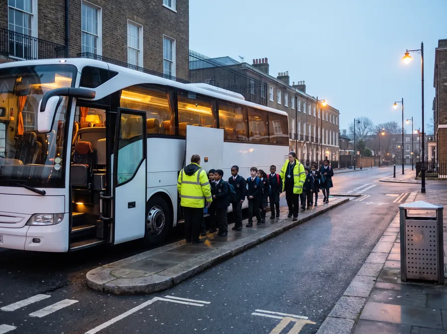 A white touring coach at the kerb outside the Royal Arsenal in Woolwich before sunrise, street lamps still lit, a line of school children in uniform boarding while two teachers count them on, long Georgian brick munitions buildings behind iron railings.