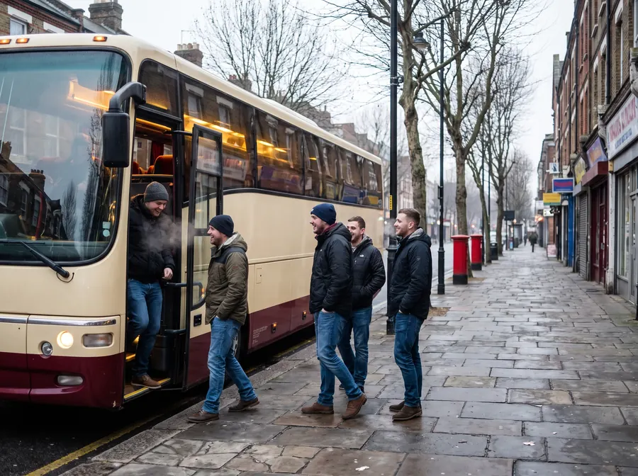 A cream and burgundy touring coach at the kerb by Powis Street in Woolwich on an overcast winter afternoon, a group of men in casual clothes boarding, wide pedestrianised street of Victorian and Edwardian buildings behind, bare trees and breath visible in the cold.